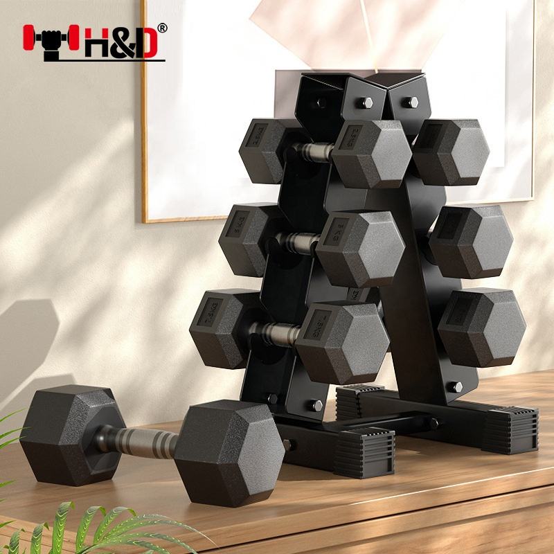 High Quality Custom Gym Cheap Rubber Hex Dumbbells Coated 20kg Black Free Weights Set 15 kg Hexagonal Rubber Dumbbells