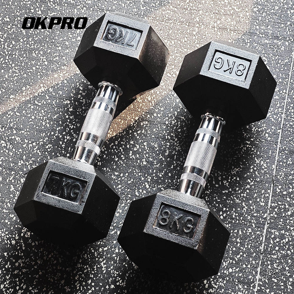 OKPRO Factory Wholesale Gym Rubber Hexagon Dumbbell Set 1-70kg Hex Rubber Dumbell for Weight Lifting Buy Online