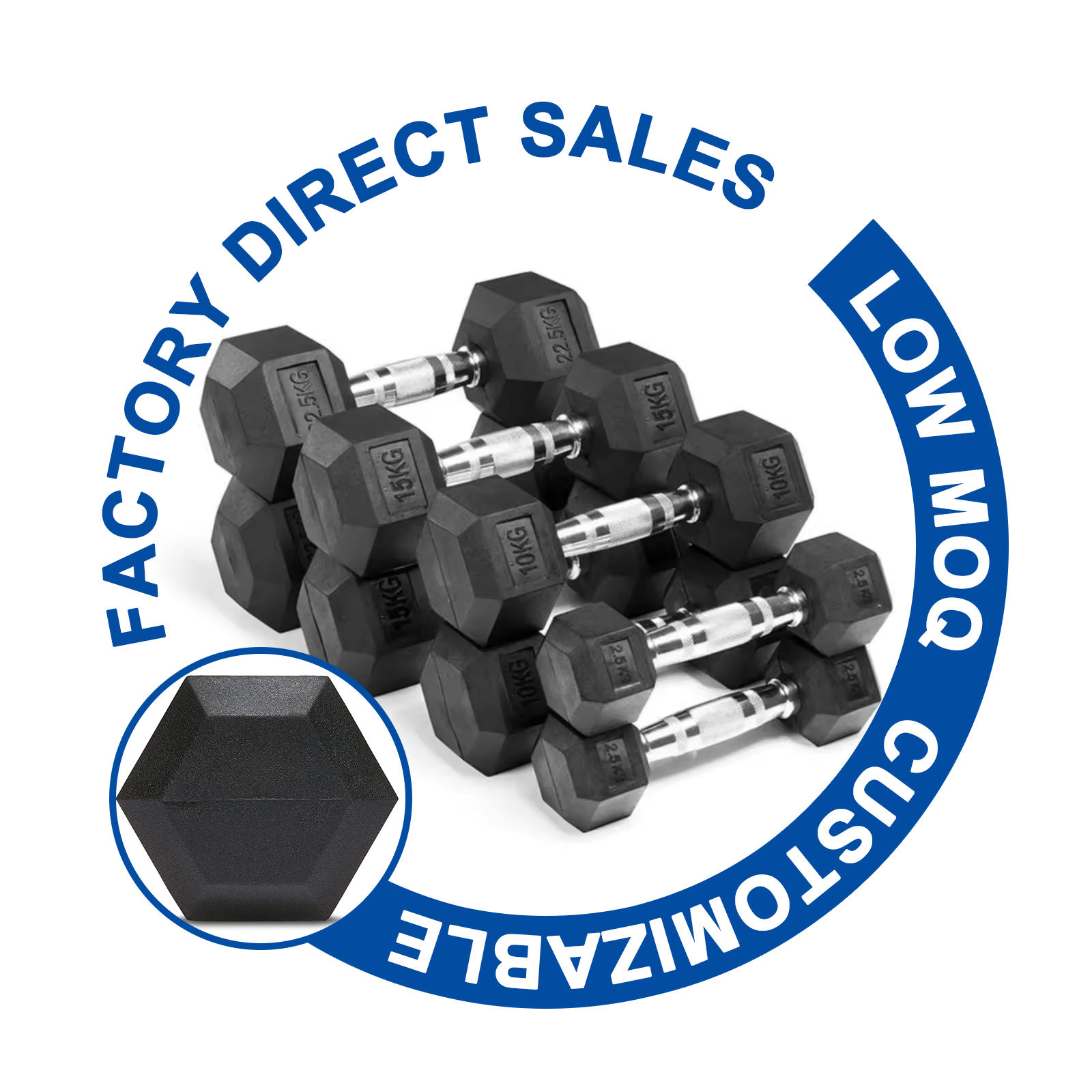 Wholesale China Manufacturer Custom Free Weight Gym 3-100 LB 1-60 KG Set Metal Handle Cast Iron Rubber Hex Hexagon Dumbbell