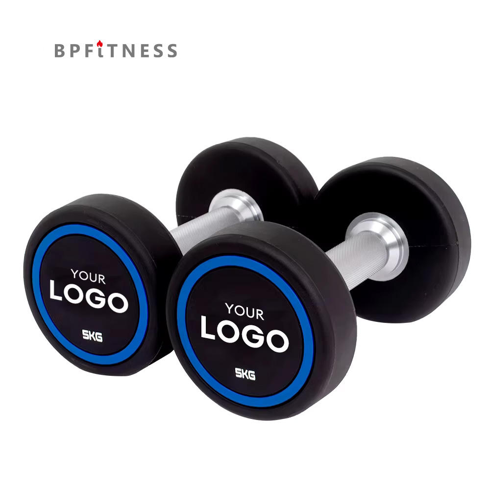 High Quality PU Covered Dumbbells Custom Logo Gym Fitness Equipment Weights CPU Commercial Chrome 2.5-60Kg Round Dumbbell Set